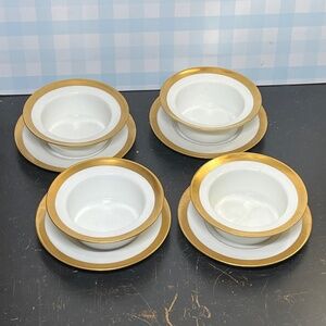 Limoges France M REDON 4 Ramekin Custard Bowl & Underplate Set Gold White READ
